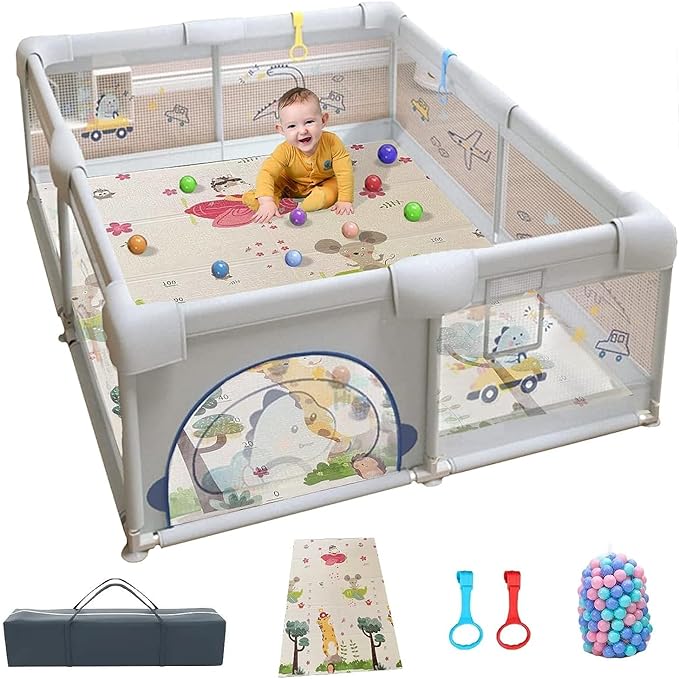 Avrini-Baby-Playpen-Playard-fance-for-Toddlers-with-Anti-Slip-Base-and-Playmat-Extra-Large-Baby-Playard-with-Gate-150-x-180-cm-Infant-Safety-Activity-Center-Packable-and-Portable-Grey