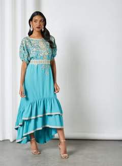 Tiered Ruffle Hem Belted Dress Pale Aqua