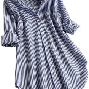 Women-V-neck-Long-Sleeve-Button-Tops-❀-Ladies-Summer-Fashion-Turn-down-Collar-Striped-Printed-Solid-T-shirt-Blouse-Tops