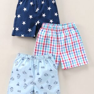 Babyhug Knee Length Cotton Boxer Check Star And Camping Print Pack Of 3 - Blue White Red
