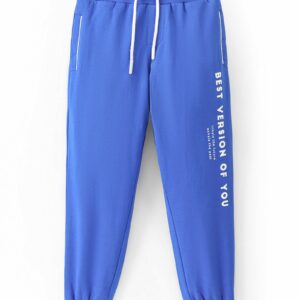 Pine Kids Cotton Knitted Full Length Track Pant with Text Print - Blue