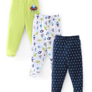Babyhug 3 Pack Cotton Knit Space Ships & Stars Printed Bootie Pants - Multicolour